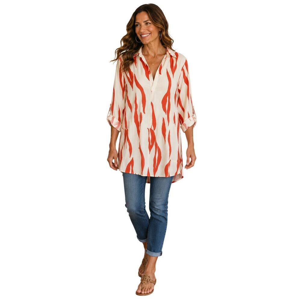 For Cynthia Woman 1X NWT Linen Blend Tunic Coral Orange White Roll Tab Sleeves
